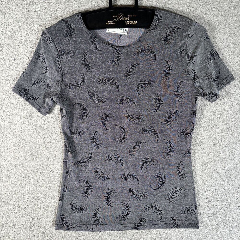 Frazier Lawrence Top Women’s Size 32 inch chest Grey Peacock Feather AOP‎ Crop